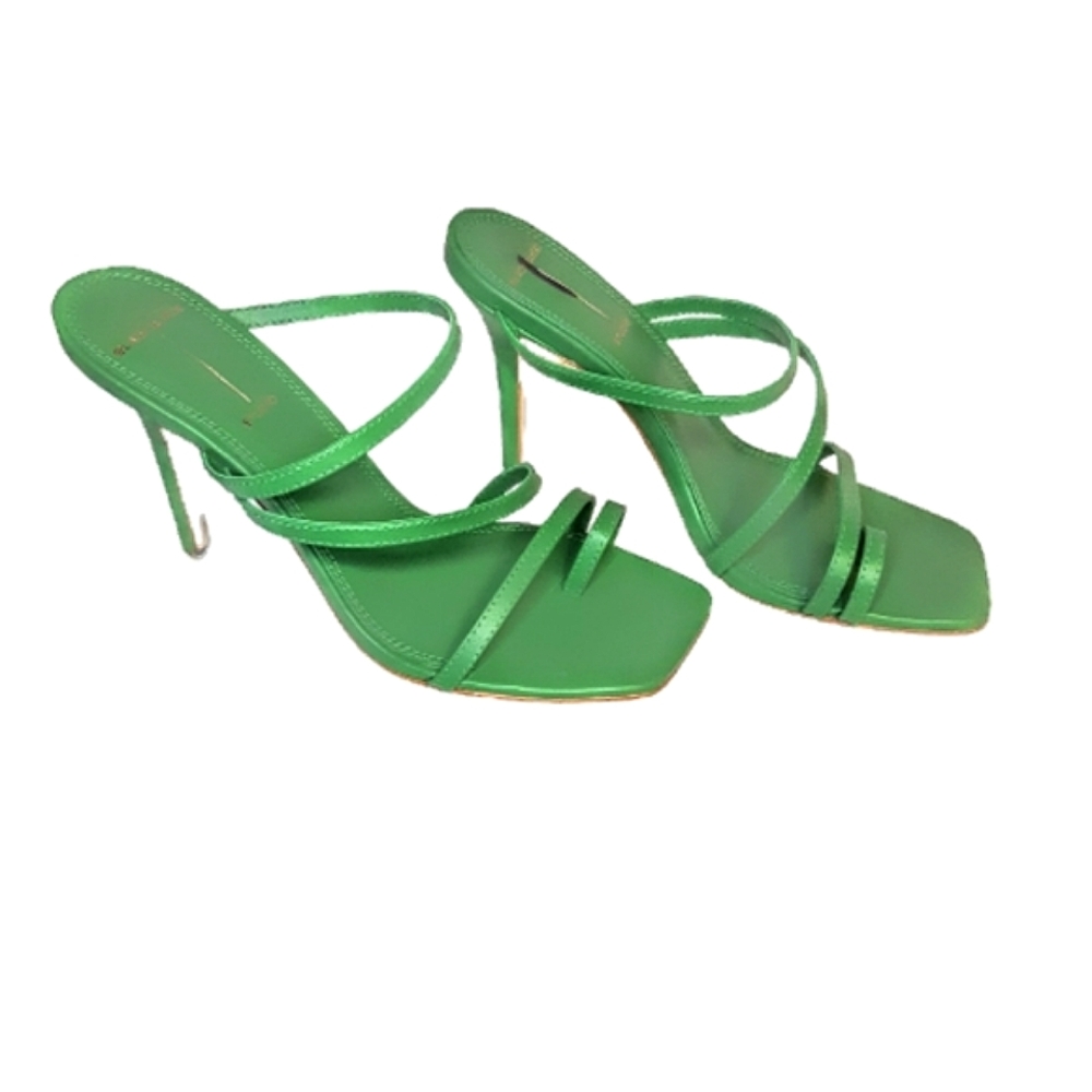 Black Suede Studio Cindy Stiletto Strappy  Mule Sandal Green Leather Toe Loop